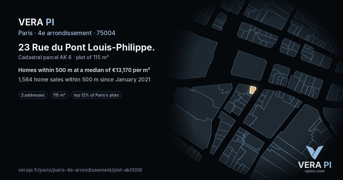 23 Rue du Pont Louis-Philippe, 4e arrondissement at night – the plot lit, the parcels around coloured by the prices near them