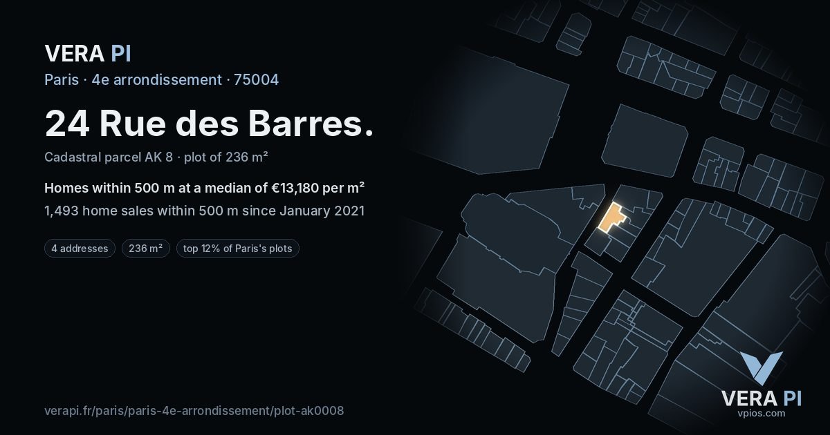 24 Rue des Barres, 4e arrondissement at night – the plot lit, the parcels around coloured by the prices near them