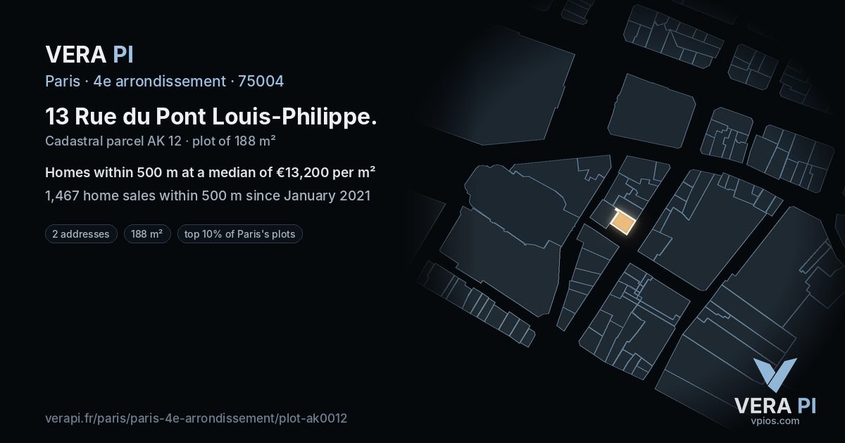 13 Rue du Pont Louis-Philippe, 4e arrondissement at night – the plot lit, the parcels around coloured by the prices near them