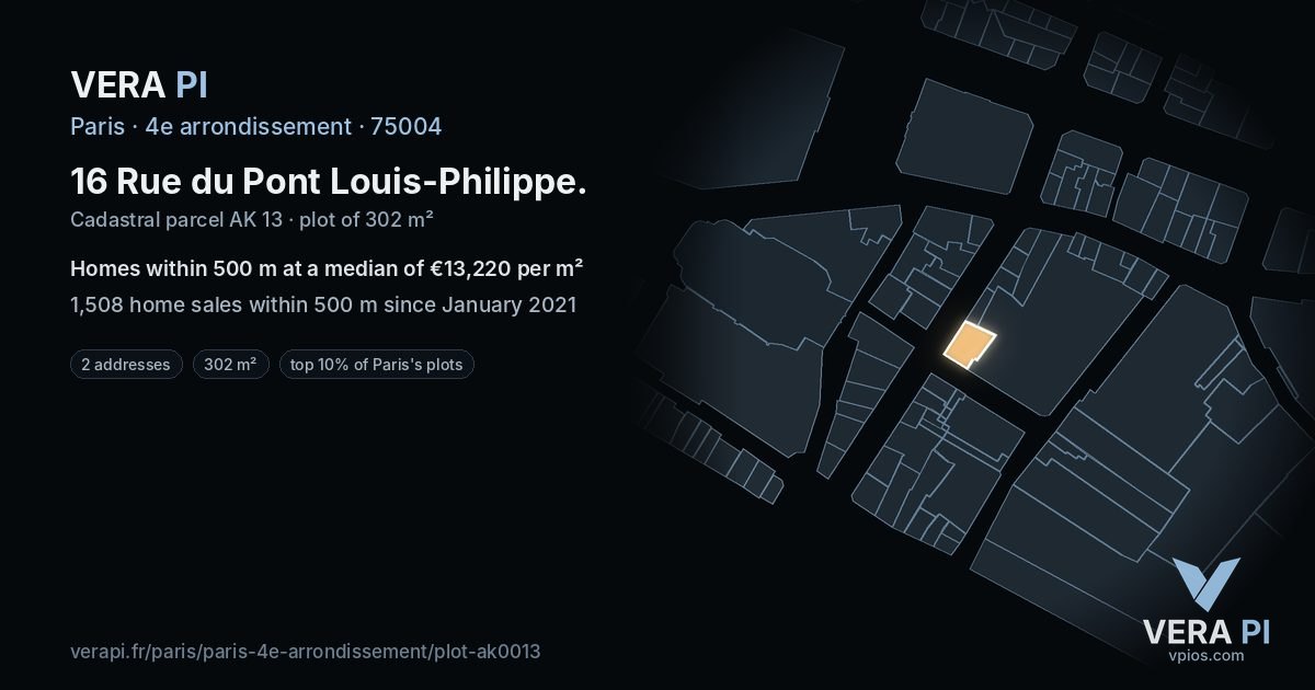 16 Rue du Pont Louis-Philippe, 4e arrondissement at night – the plot lit, the parcels around coloured by the prices near them