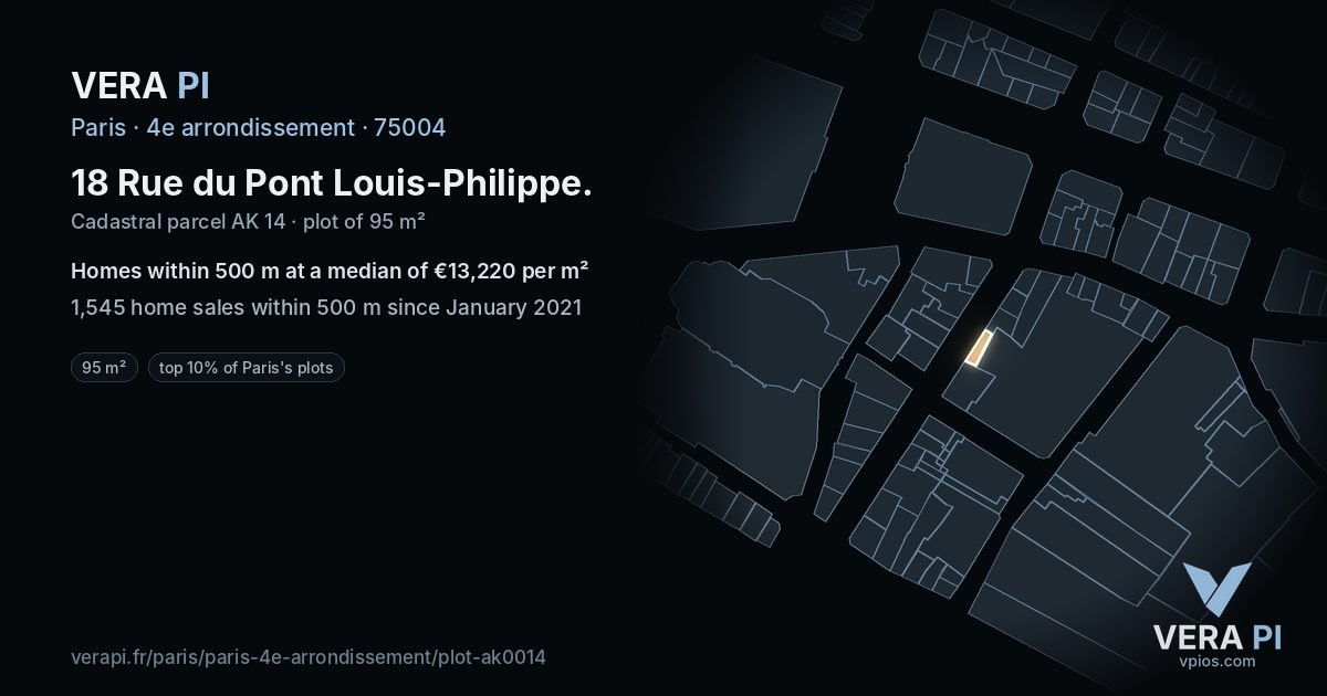 18 Rue du Pont Louis-Philippe, 4e arrondissement at night – the plot lit, the parcels around coloured by the prices near them