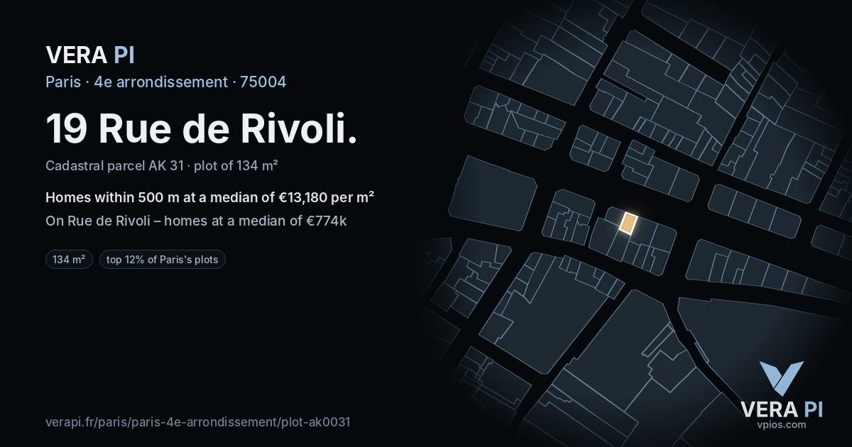 19 Rue de Rivoli, 4e arrondissement at night – the plot lit, the parcels around coloured by the prices near them