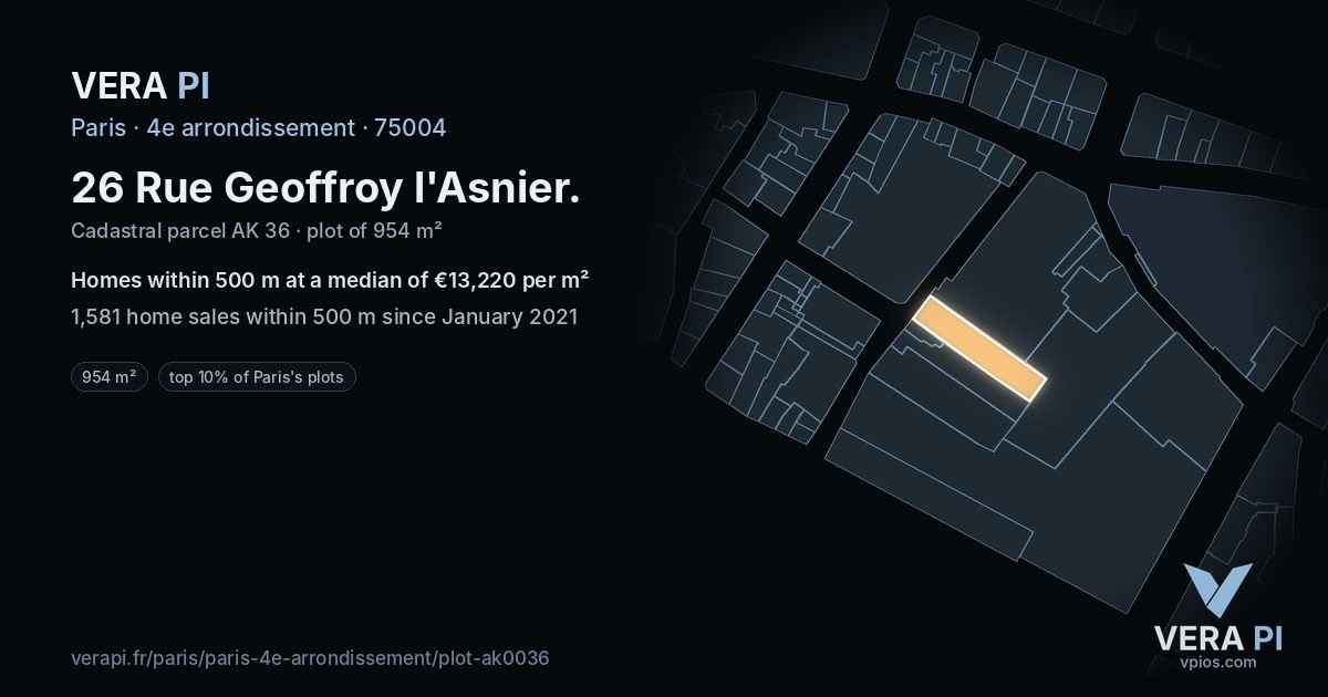 26 Rue Geoffroy l'Asnier, 4e arrondissement at night – the plot lit, the parcels around coloured by the prices near them