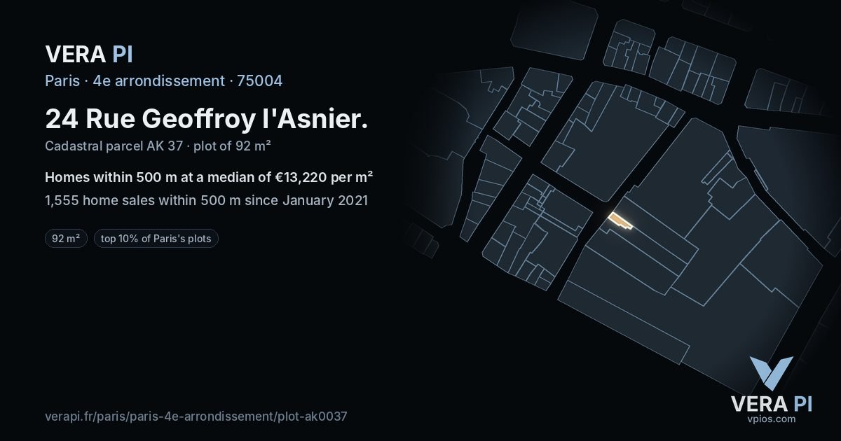 24 Rue Geoffroy l'Asnier, 4e arrondissement at night – the plot lit, the parcels around coloured by the prices near them