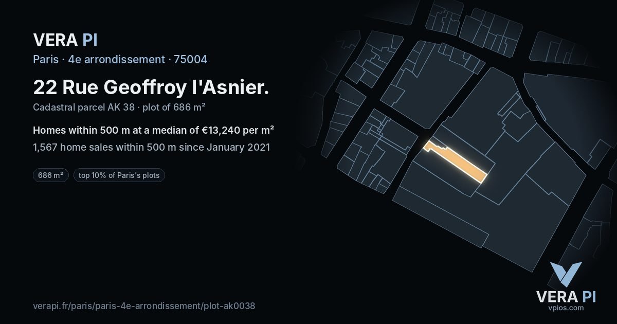 22 Rue Geoffroy l'Asnier, 4e arrondissement at night – the plot lit, the parcels around coloured by the prices near them