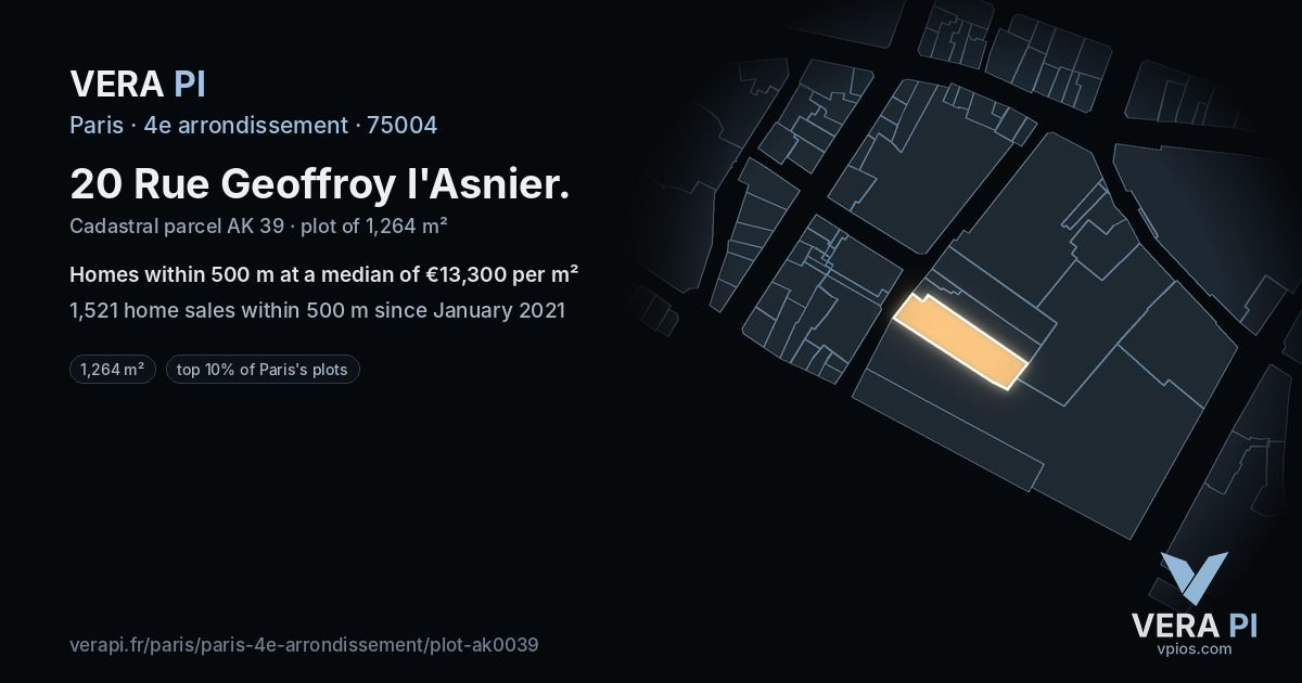 20 Rue Geoffroy l'Asnier, 4e arrondissement at night – the plot lit, the parcels around coloured by the prices near them