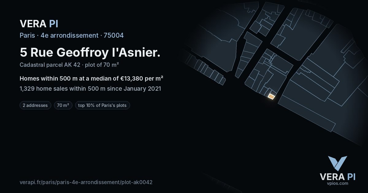 5 Rue Geoffroy l'Asnier, 4e arrondissement at night – the plot lit, the parcels around coloured by the prices near them