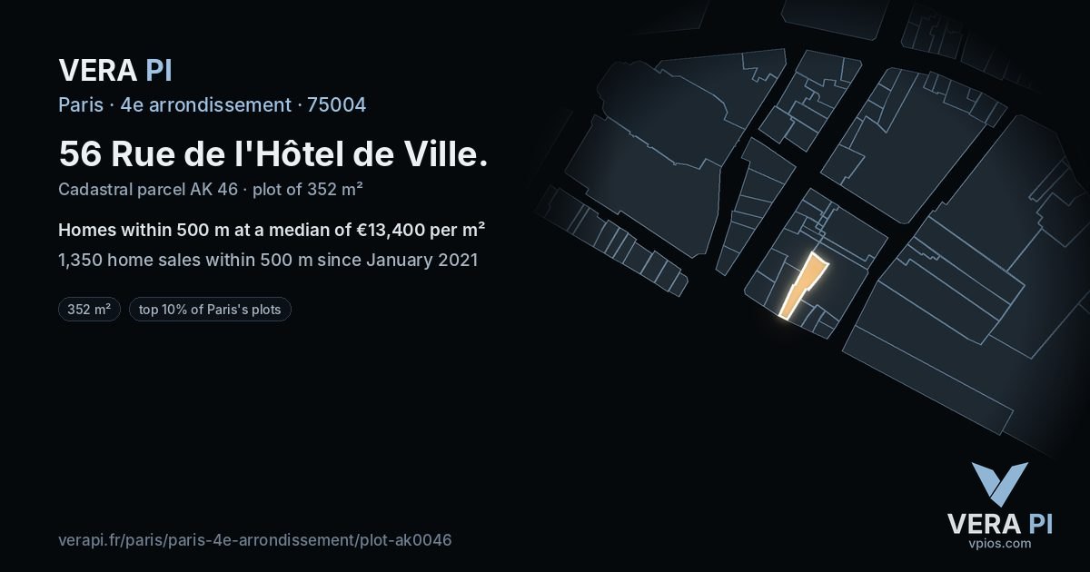 56 Rue de l'Hôtel de Ville, 4e arrondissement at night – the plot lit, the parcels around coloured by the prices near them