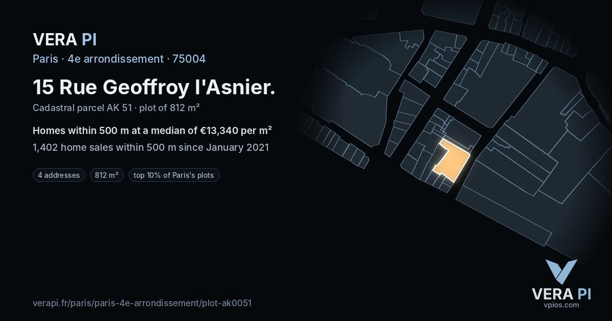 15 Rue Geoffroy l'Asnier, 4e arrondissement at night – the plot lit, the parcels around coloured by the prices near them