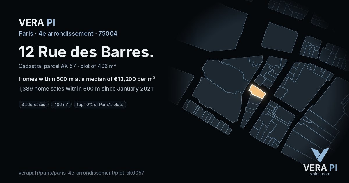 12 Rue des Barres, 4e arrondissement at night – the plot lit, the parcels around coloured by the prices near them