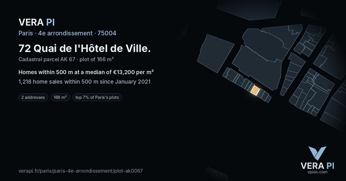 72 Quai de l'Hôtel de Ville, 4e arrondissement at night – the plot lit, the parcels around coloured by the prices near them