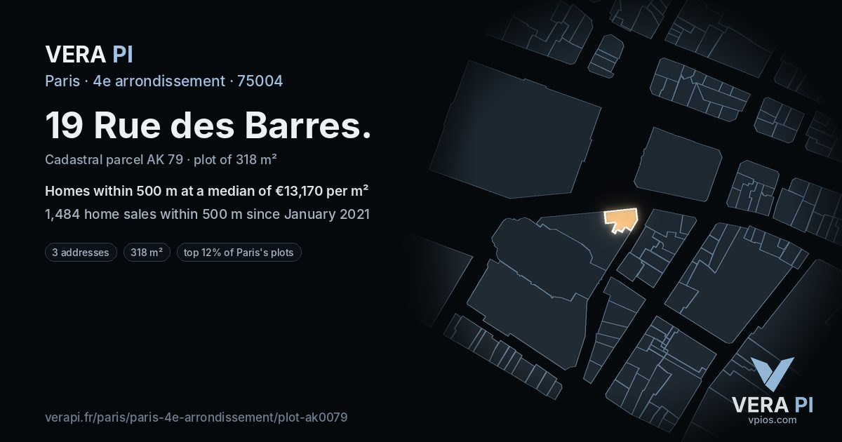 19 Rue des Barres, 4e arrondissement at night – the plot lit, the parcels around coloured by the prices near them