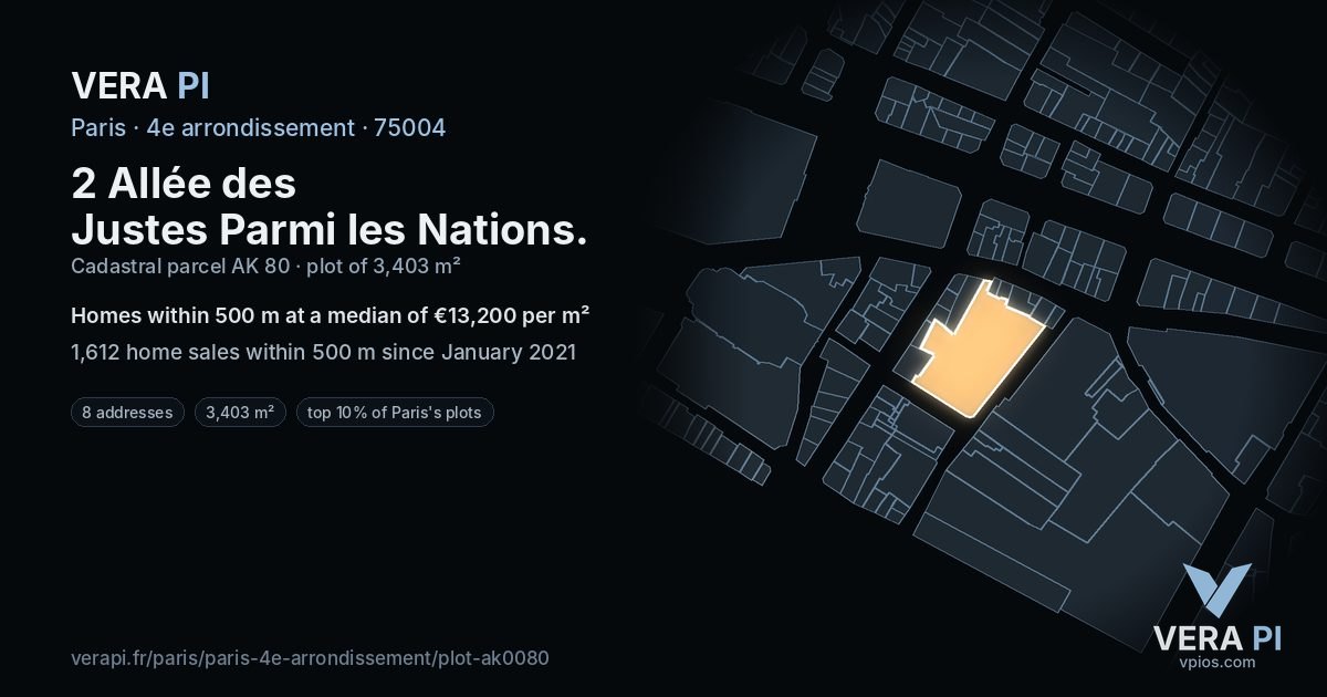 2 Allée des Justes Parmi les Nations, 4e arrondissement at night – the plot lit, the parcels around coloured by the prices near them