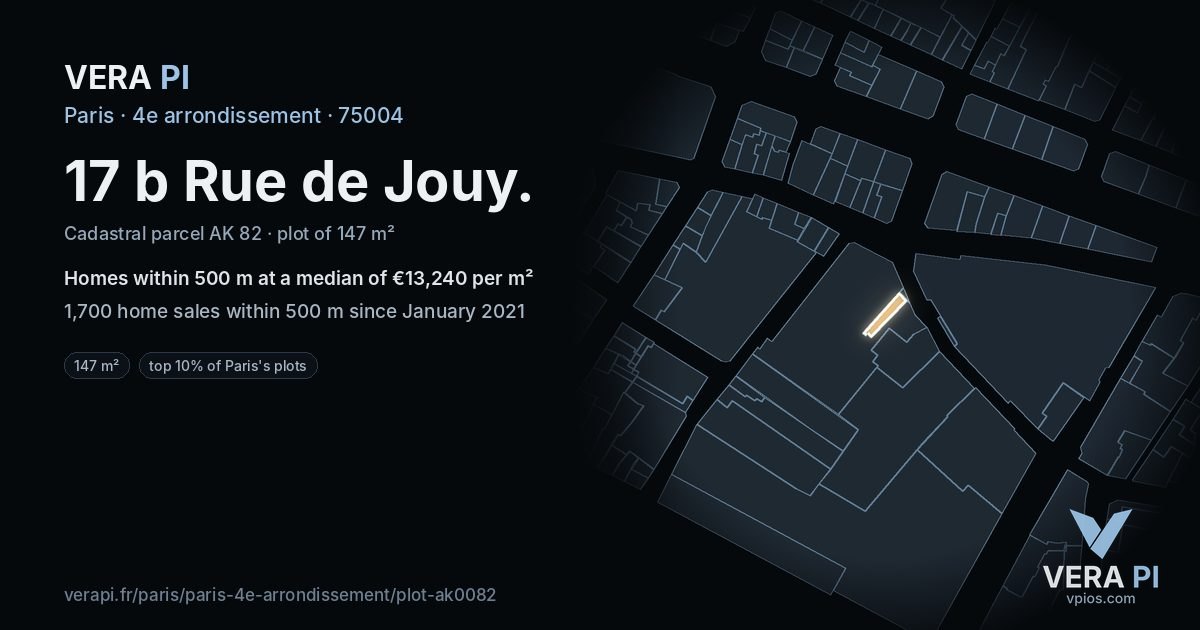 17 b Rue de Jouy, 4e arrondissement at night – the plot lit, the parcels around coloured by the prices near them