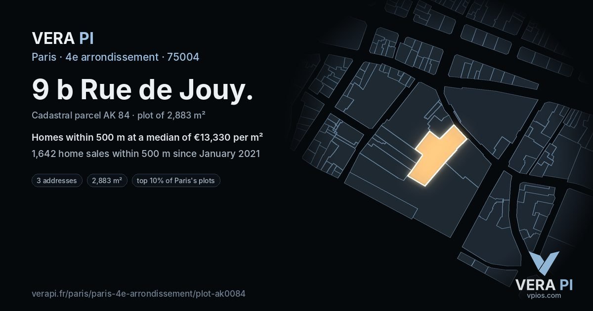 9 b Rue de Jouy, 4e arrondissement at night – the plot lit, the parcels around coloured by the prices near them