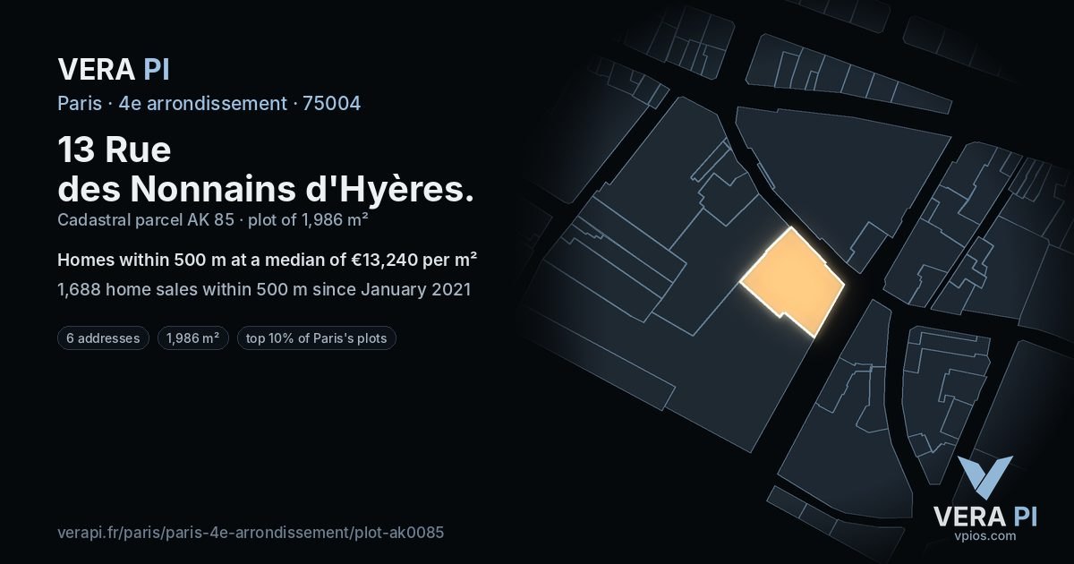 13 Rue des Nonnains d'Hyères, 4e arrondissement at night – the plot lit, the parcels around coloured by the prices near them