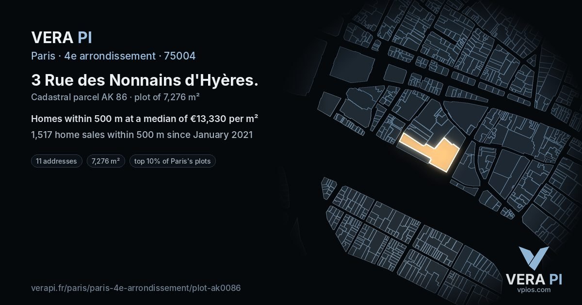 3 Rue des Nonnains d'Hyères, 4e arrondissement at night – the plot lit, the parcels around coloured by the prices near them
