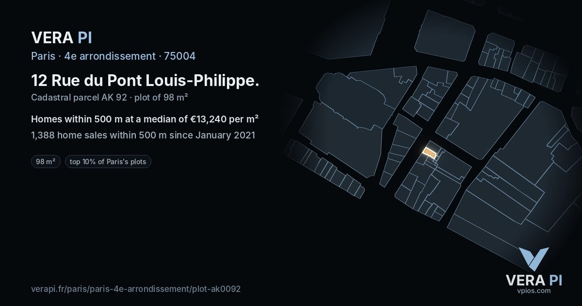 12 Rue du Pont Louis-Philippe, 4e arrondissement at night – the plot lit, the parcels around coloured by the prices near them