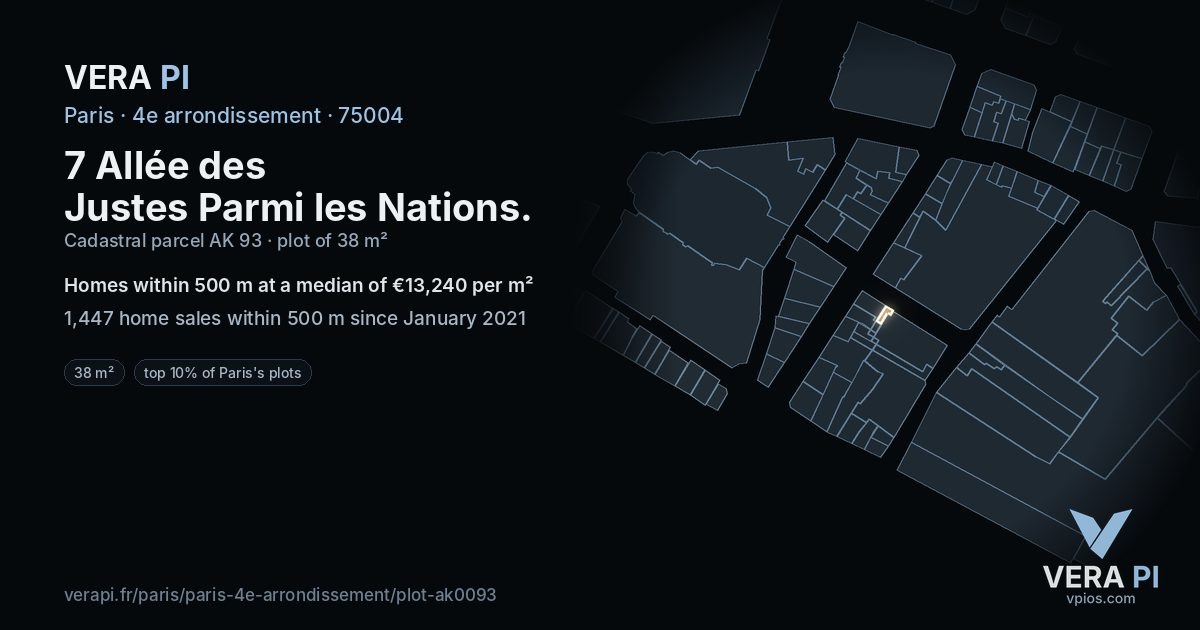 7 Allée des Justes Parmi les Nations, 4e arrondissement at night – the plot lit, the parcels around coloured by the prices near them