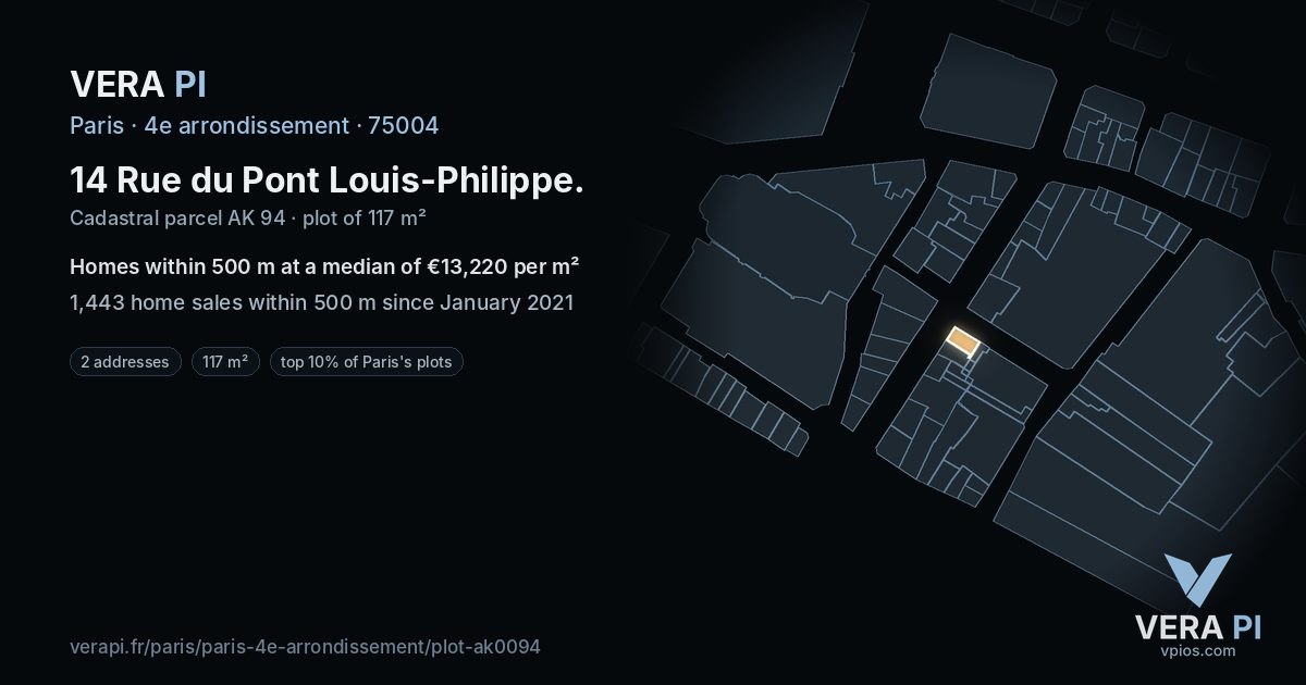 14 Rue du Pont Louis-Philippe, 4e arrondissement at night – the plot lit, the parcels around coloured by the prices near them