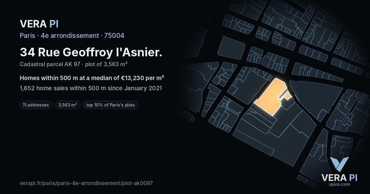 34 Rue Geoffroy l'Asnier, 4e arrondissement at night – the plot lit, the parcels around coloured by the prices near them