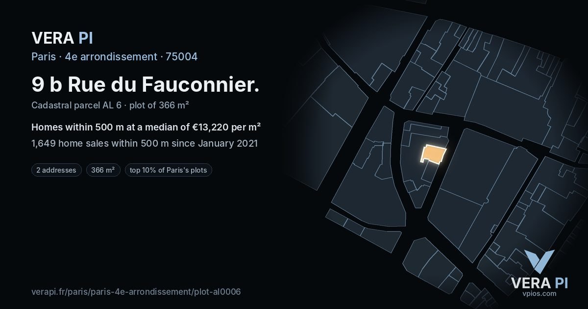 9 b Rue du Fauconnier, 4e arrondissement at night – the plot lit, the parcels around coloured by the prices near them