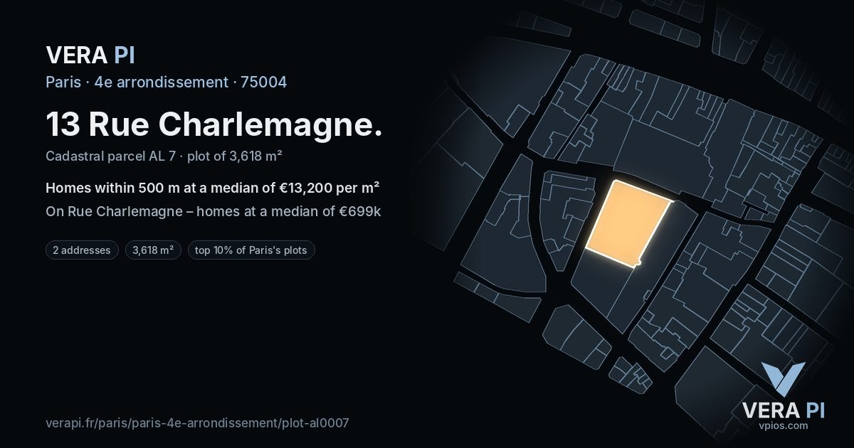 13 Rue Charlemagne, 4e arrondissement at night – the plot lit, the parcels around coloured by the prices near them