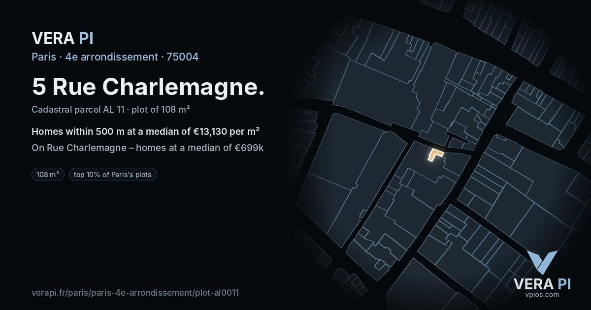 5 Rue Charlemagne, 4e arrondissement at night – the plot lit, the parcels around coloured by the prices near them