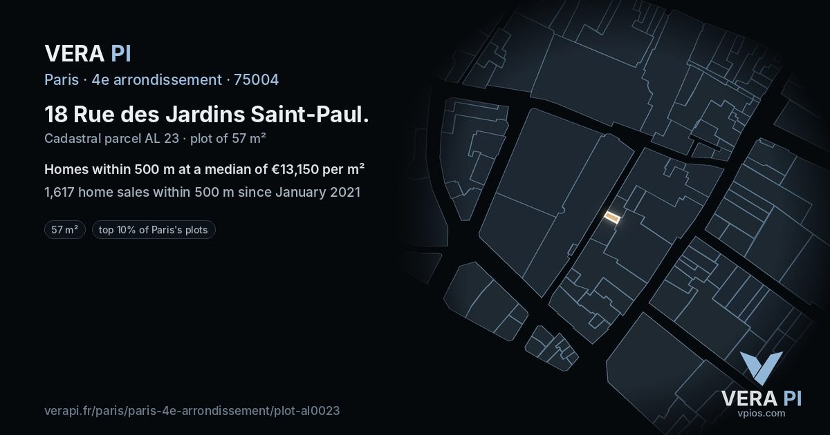 18 Rue des Jardins Saint-Paul, 4e arrondissement at night – the plot lit, the parcels around coloured by the prices near them