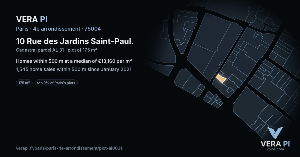 10 Rue des Jardins Saint-Paul, 4e arrondissement at night – the plot lit, the parcels around coloured by the prices near them