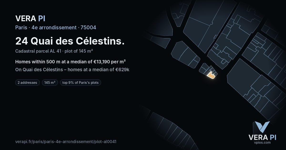 24 Quai des Célestins, 4e arrondissement at night – the plot lit, the parcels around coloured by the prices near them