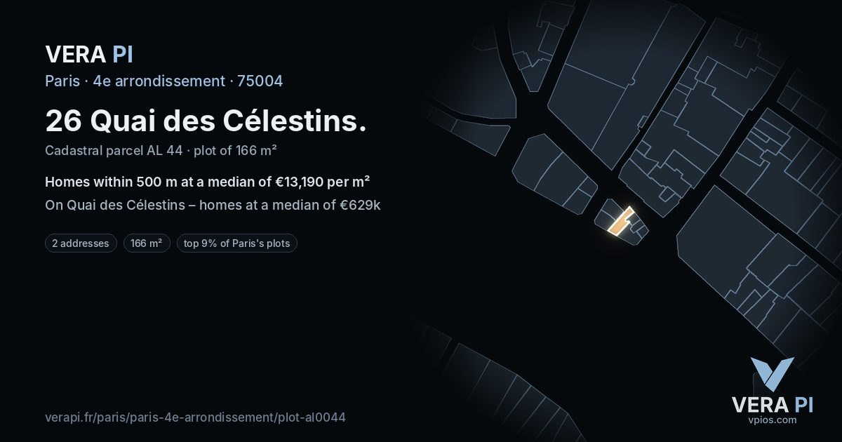26 Quai des Célestins, 4e arrondissement at night – the plot lit, the parcels around coloured by the prices near them