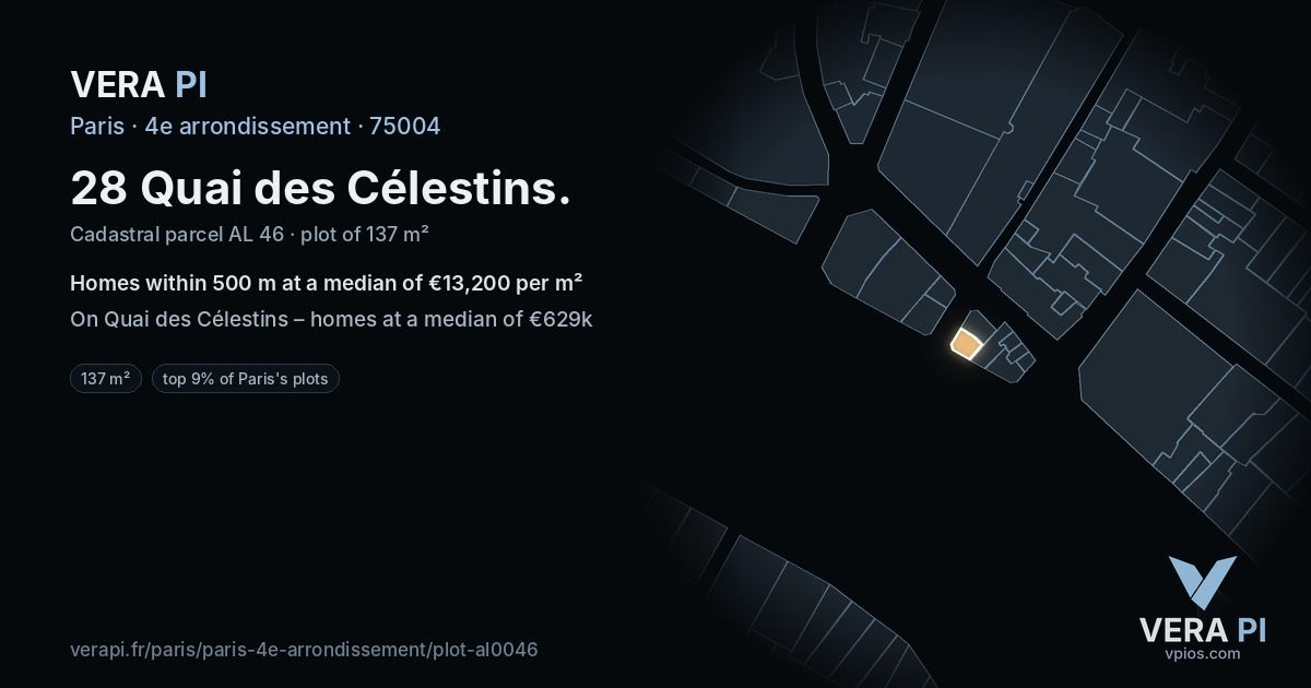 28 Quai des Célestins, 4e arrondissement at night – the plot lit, the parcels around coloured by the prices near them