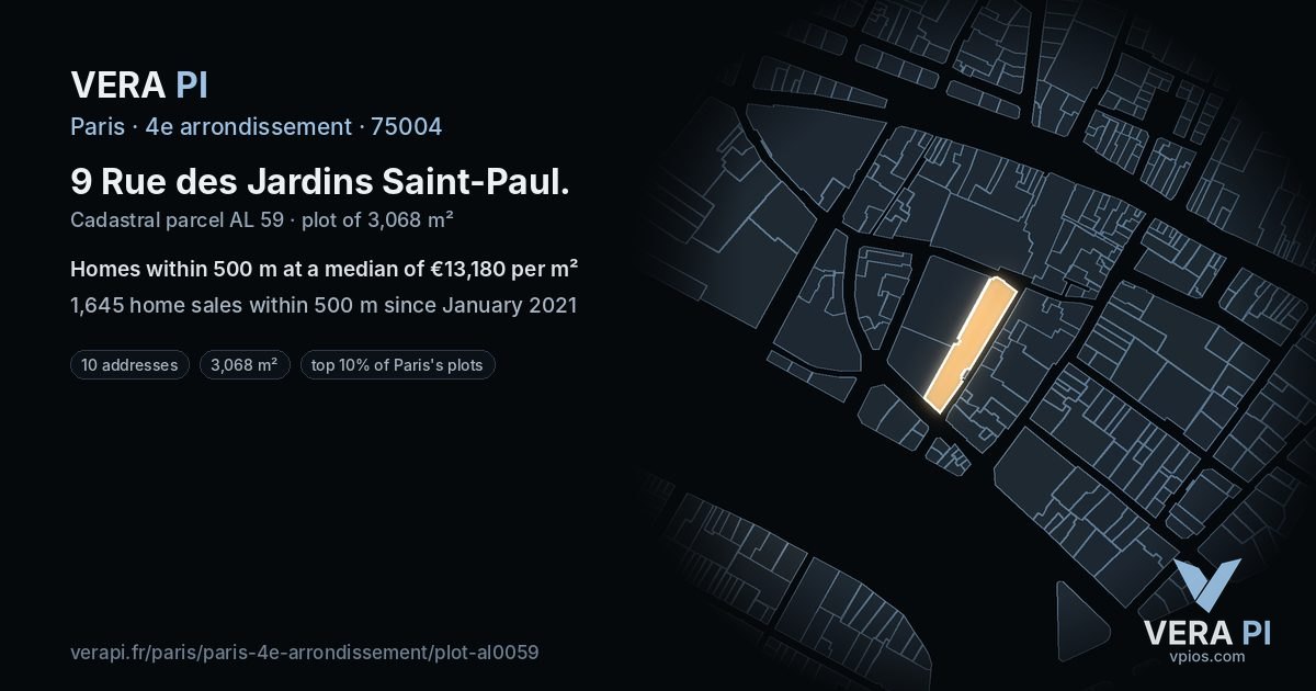 9 Rue des Jardins Saint-Paul, 4e arrondissement at night – the plot lit, the parcels around coloured by the prices near them
