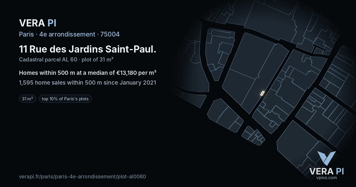 11 Rue des Jardins Saint-Paul, 4e arrondissement at night – the plot lit, the parcels around coloured by the prices near them