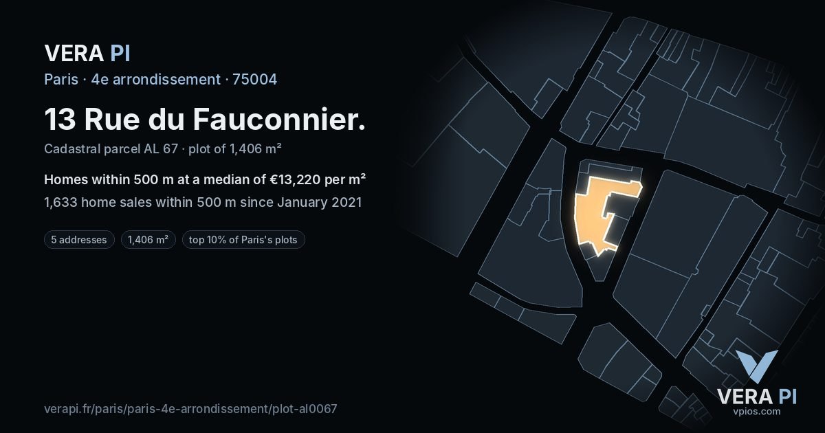 13 Rue du Fauconnier, 4e arrondissement at night – the plot lit, the parcels around coloured by the prices near them