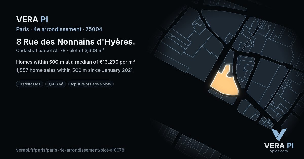 8 Rue des Nonnains d'Hyères, 4e arrondissement at night – the plot lit, the parcels around coloured by the prices near them