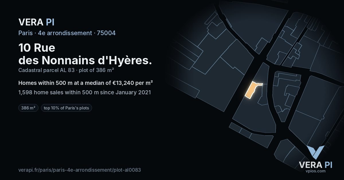 10 Rue des Nonnains d'Hyères, 4e arrondissement at night – the plot lit, the parcels around coloured by the prices near them