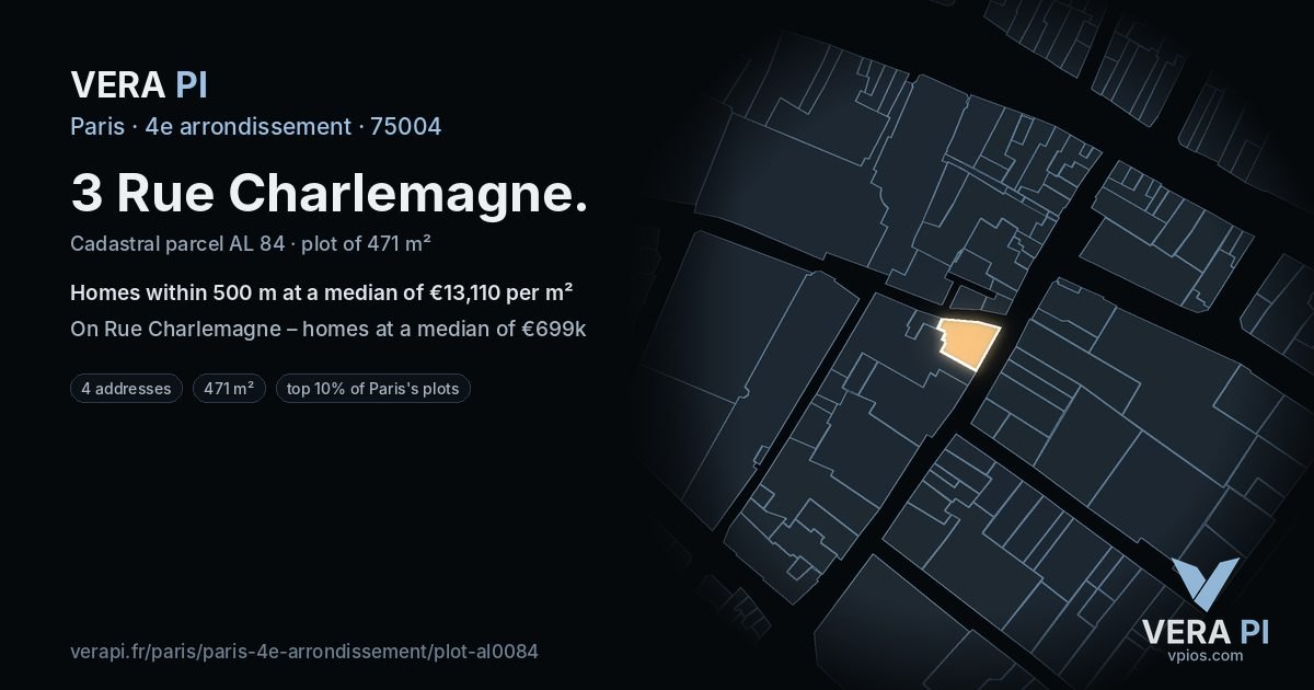 3 Rue Charlemagne, 4e arrondissement at night – the plot lit, the parcels around coloured by the prices near them