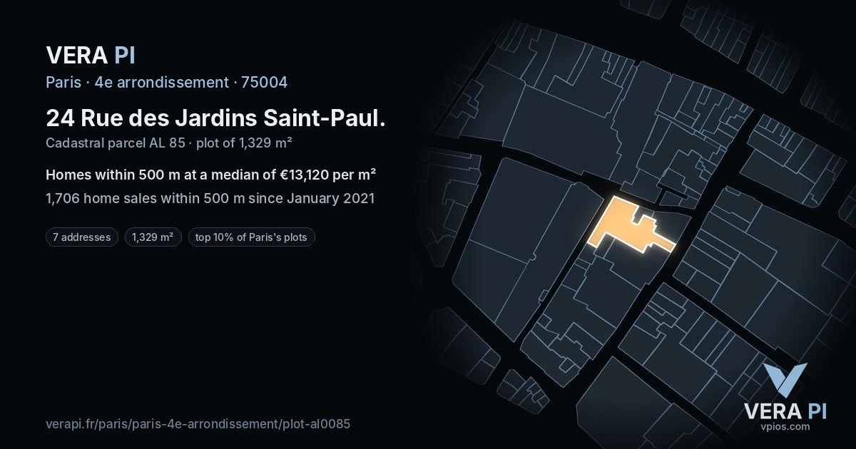 24 Rue des Jardins Saint-Paul, 4e arrondissement at night – the plot lit, the parcels around coloured by the prices near them