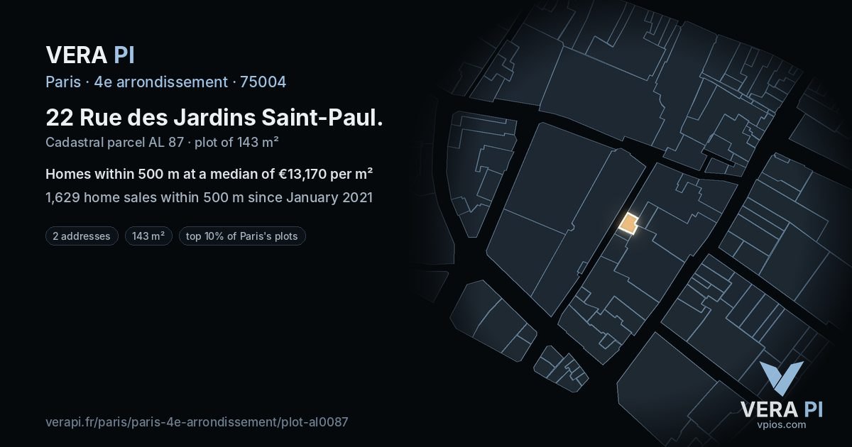 22 Rue des Jardins Saint-Paul, 4e arrondissement at night – the plot lit, the parcels around coloured by the prices near them