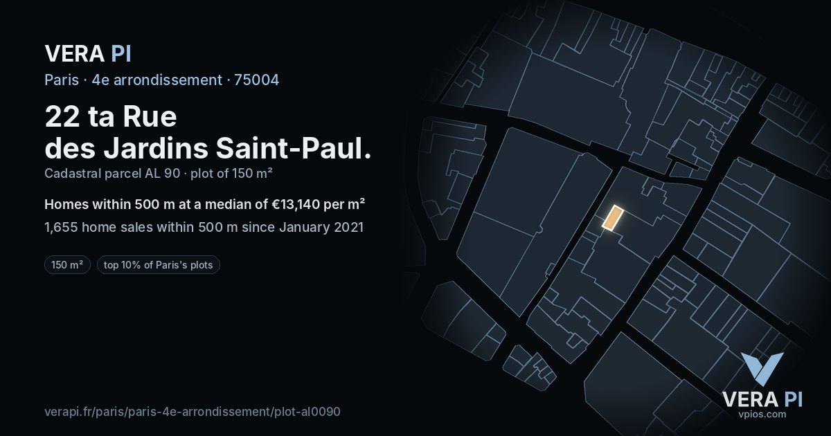 22 ta Rue des Jardins Saint-Paul, 4e arrondissement at night – the plot lit, the parcels around coloured by the prices near them