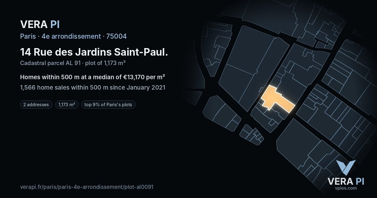 14 Rue des Jardins Saint-Paul, 4e arrondissement at night – the plot lit, the parcels around coloured by the prices near them