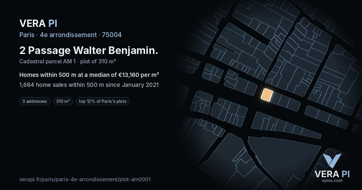 2 Passage Walter Benjamin, 4e arrondissement at night – the plot lit, the parcels around coloured by the prices near them