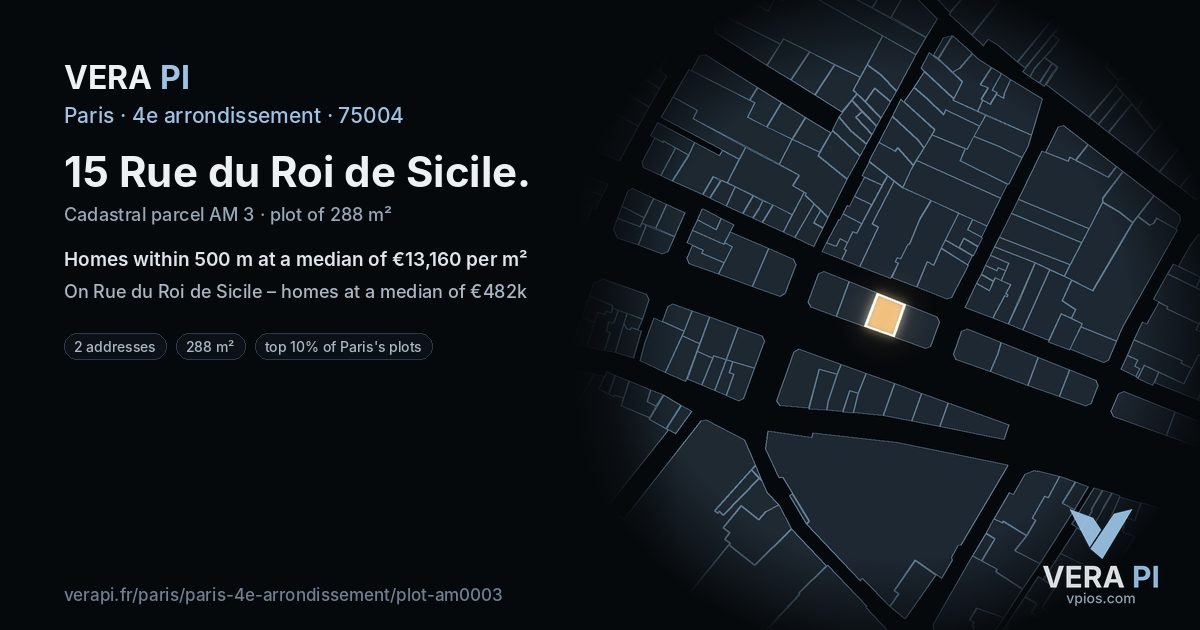 15 Rue du Roi de Sicile, 4e arrondissement at night – the plot lit, the parcels around coloured by the prices near them