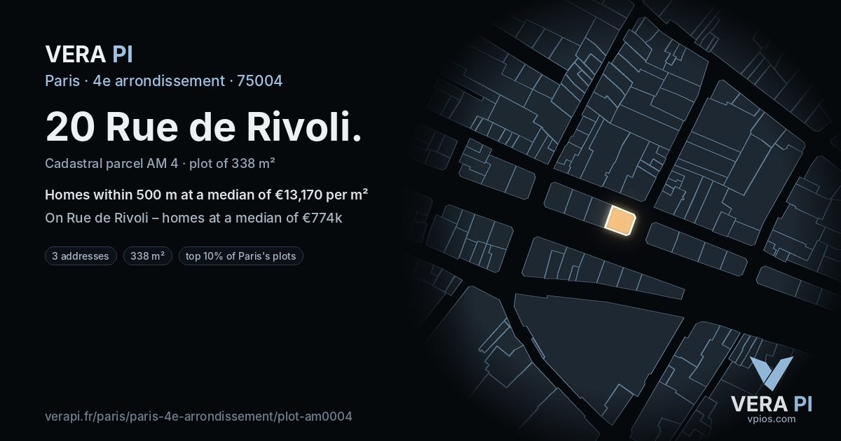 20 Rue de Rivoli, 4e arrondissement at night – the plot lit, the parcels around coloured by the prices near them