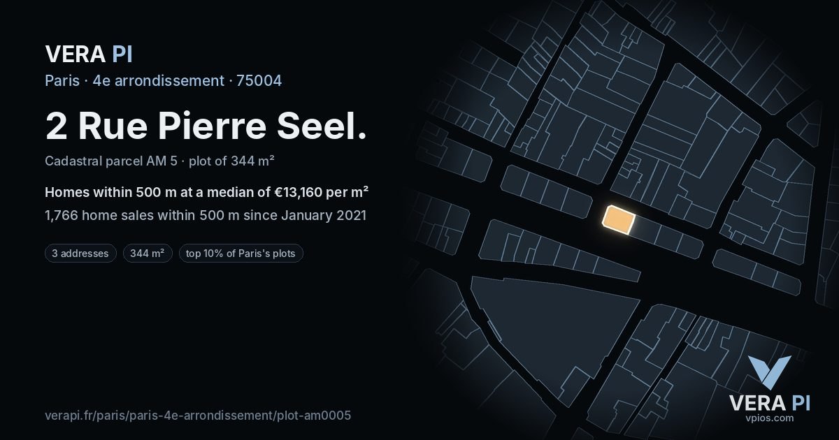 2 Rue Pierre Seel, 4e arrondissement at night – the plot lit, the parcels around coloured by the prices near them