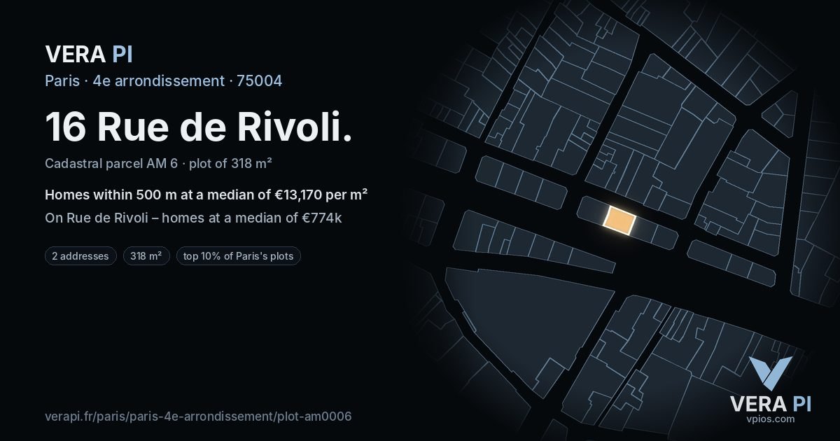 16 Rue de Rivoli, 4e arrondissement at night – the plot lit, the parcels around coloured by the prices near them