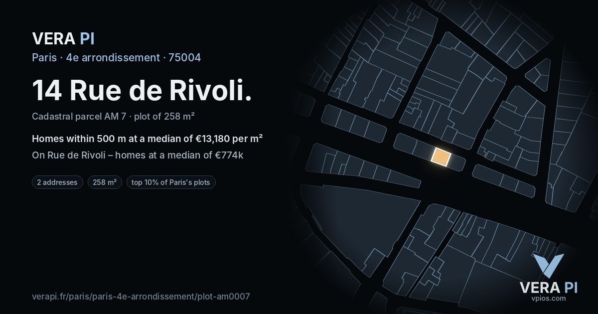 14 Rue de Rivoli, 4e arrondissement at night – the plot lit, the parcels around coloured by the prices near them
