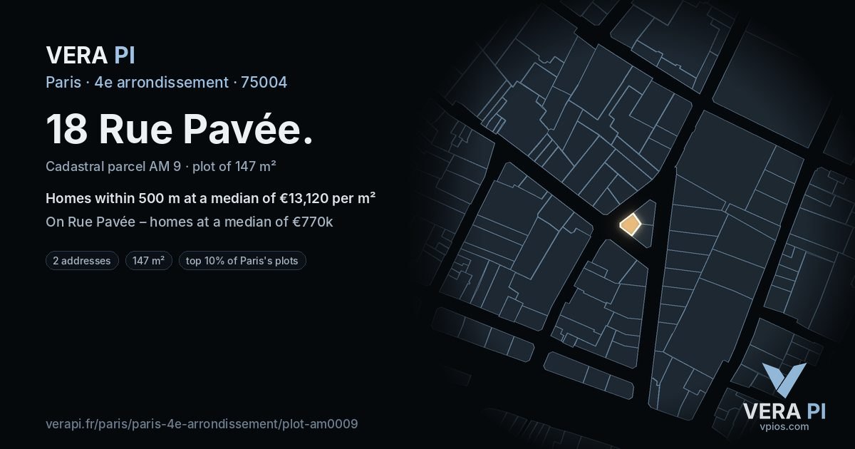 18 Rue Pavée, 4e arrondissement at night – the plot lit, the parcels around coloured by the prices near them